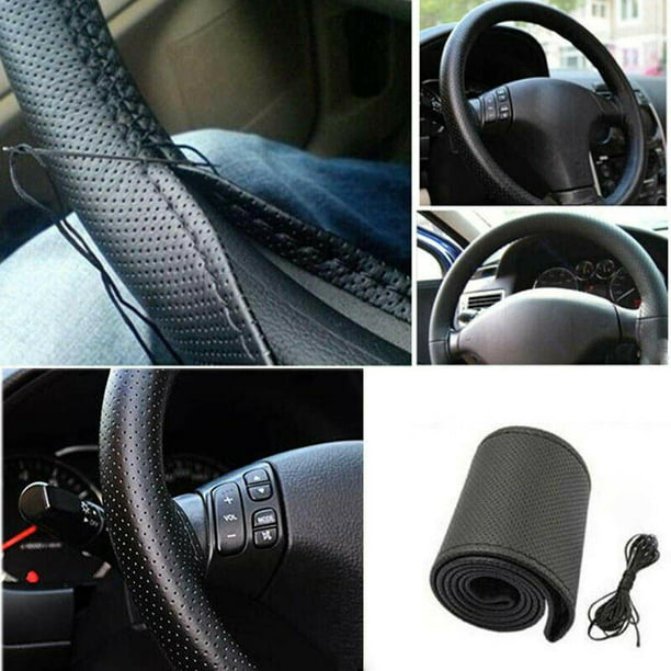 15''/38cm Car SUV leather Steering wheel cover breathable needle thread Black